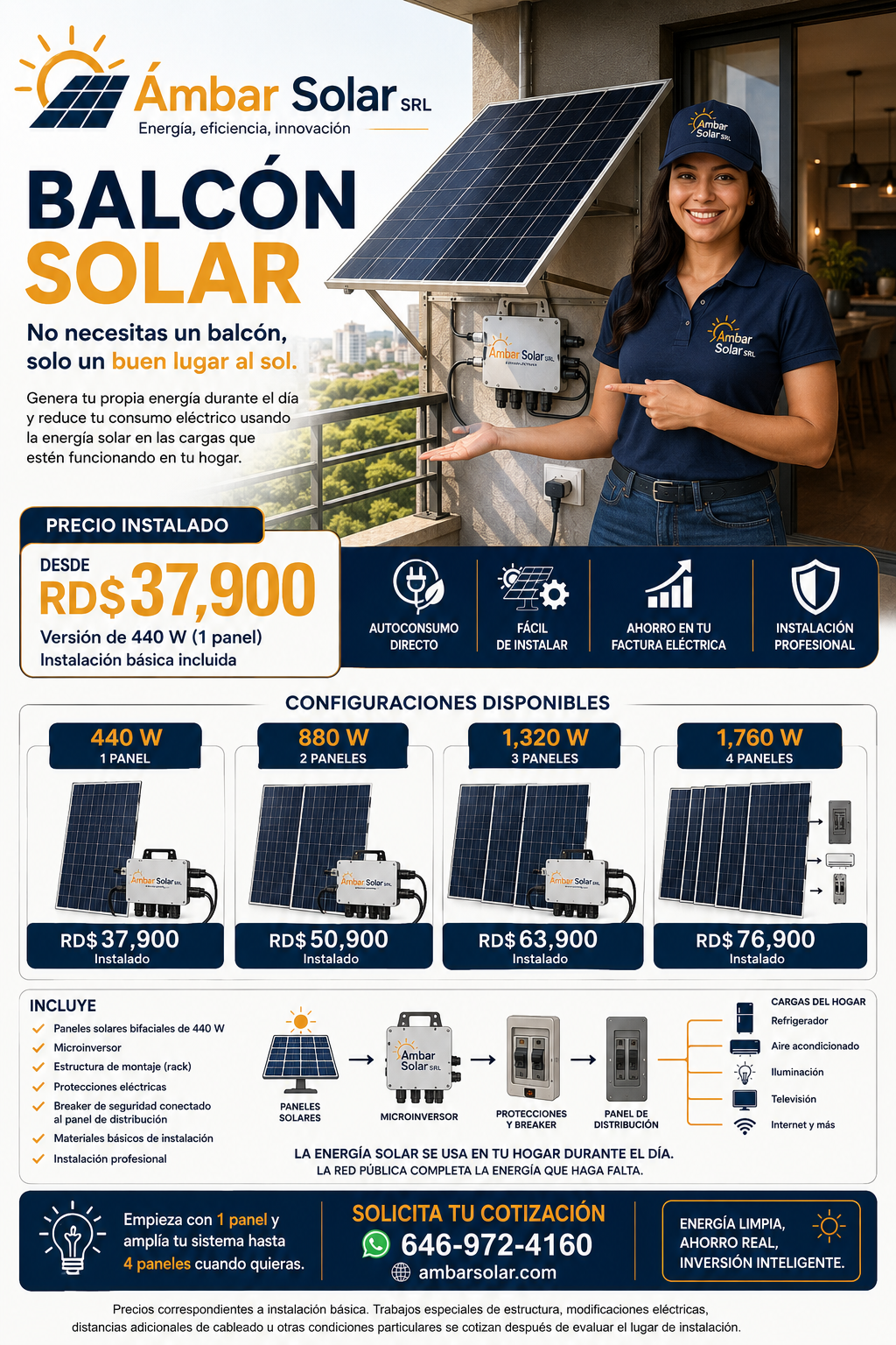 Configuraciones de Balcón Solar Ámbar Solar de 440 W, 880 W, 1320 W y 1760 W